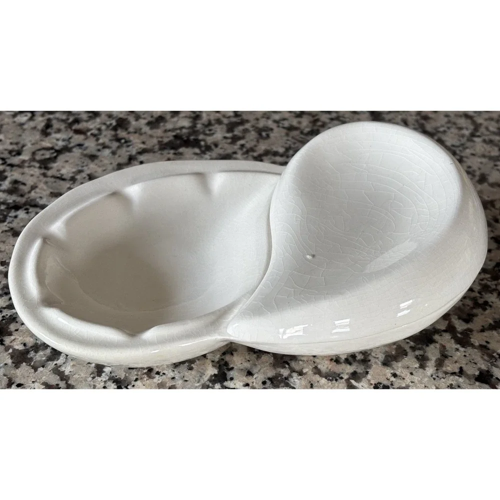 Vtg Yin Yang Amoeba Ashtray w Lidded Cigarette Match Holder White MCM Ceramic
